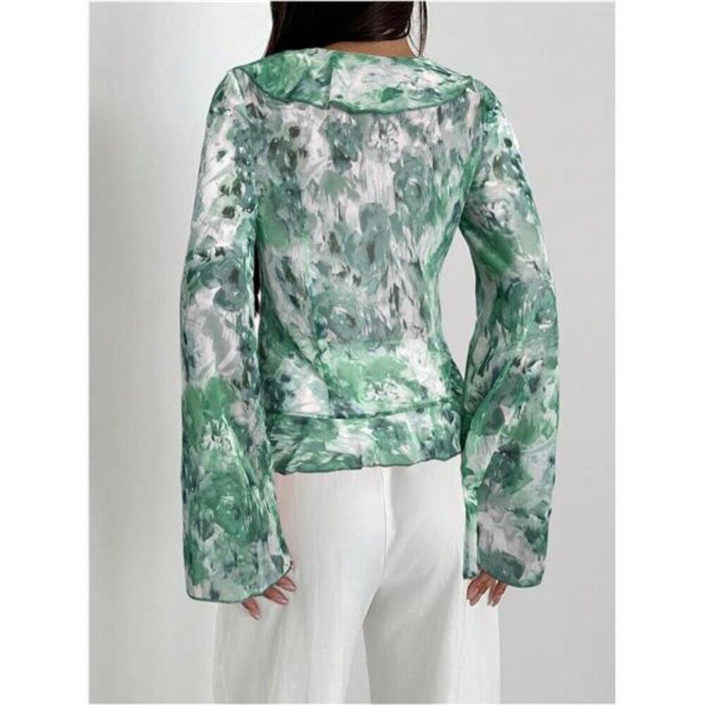 Women’s Floral Print Ruffle Blouse – V Neck Tie Front Long Bell Sleeve Top Green - Picture 3 of 5